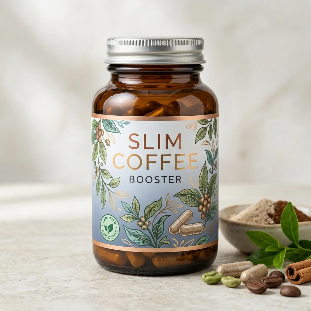 Slim Coffee Booster supplement box - dark purple matte packaging with gold typography